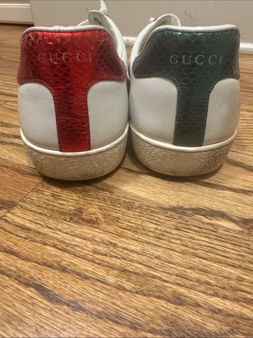 Gucci White Leather Sneakers Red & Green Stripe and Gold Bee. Ace Embroidered